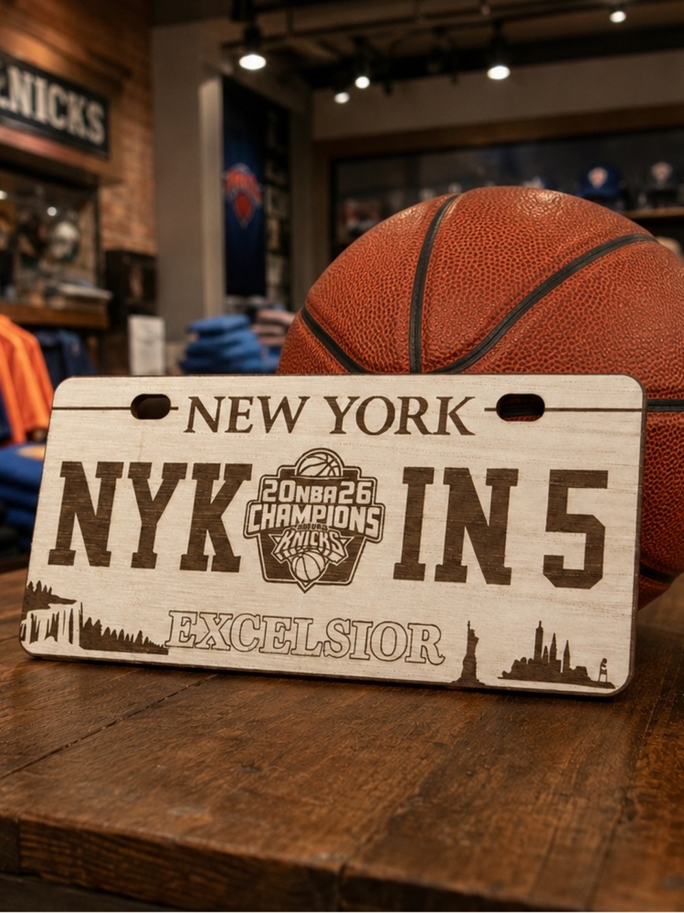 New York NYK In 5 Wooden Sign - Basketball Decor